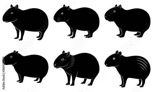 Six Black Capybara Silhouettes on White Background animal