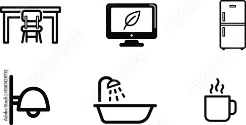 set of black line icons for home and office  furniture and appliances