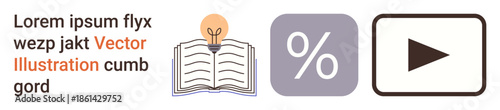 Education, multimedia, statistics, e-learning, content creation, knowledge sharing. Open book with light bulb, percentage symbol play button. Education and multimedia concept