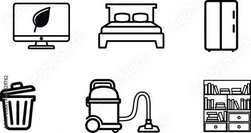 line style icons of household items and furniture on white background
