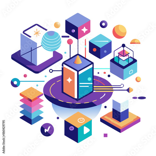 Digital transformation and technology innovation abstract vector icons, symbolizing business evolution, cloud computing, and automated industrial workflows.
