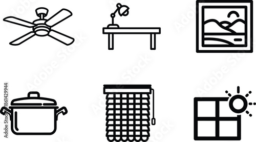 Various household items and furniture in simple line art style