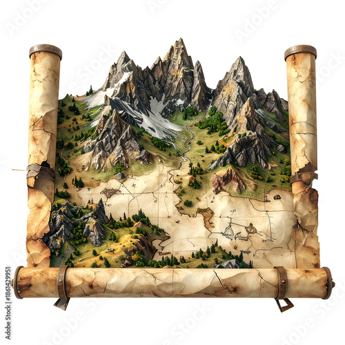 Detailed map showing mountains, forests, and valleys unfurled from a scroll