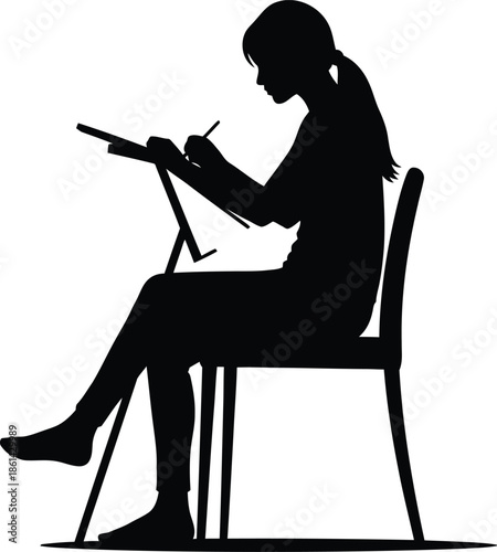 Woman sitting in chair creating art with pencils on paper