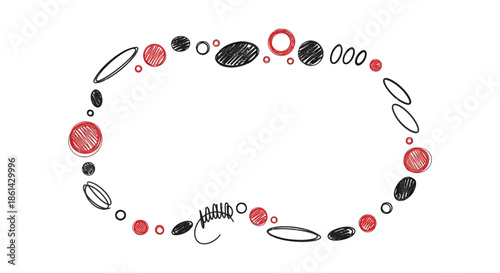 A whimsical arrangement of sketched circles and ovals in red and black forms a loose open frame