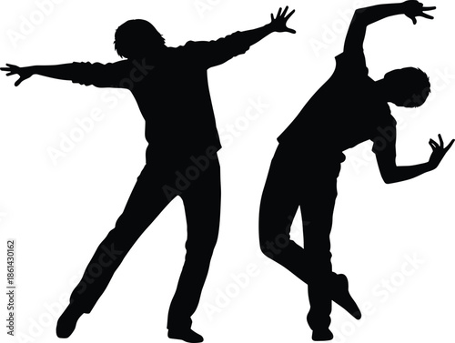 Silhouettes of expressive dancers or performers in dramatic poses, black figures, theatrical gesture, white background, artistic movement illustration
