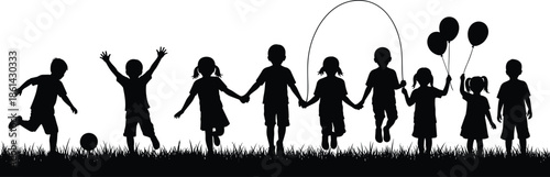 Silhouette children playing outdoors with balloons, jump rope, soccer ball, friendship, teamwork, grassy field, happy kids, fun activity scene