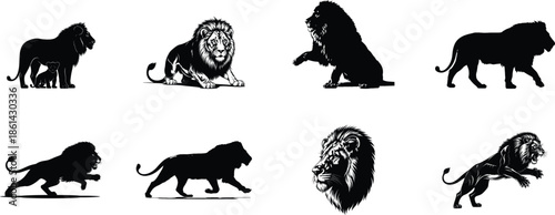 Silhouette of various lion and people in different poses and activities silhouette