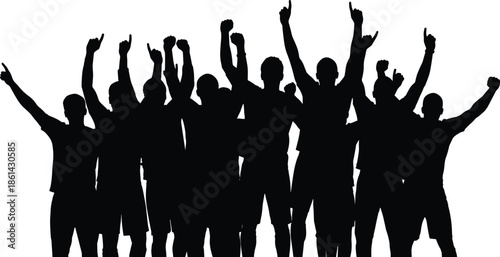 Silhouettes of group raising arms in celebration, black figures, expressive gesture, white background, unity and collective action illustration