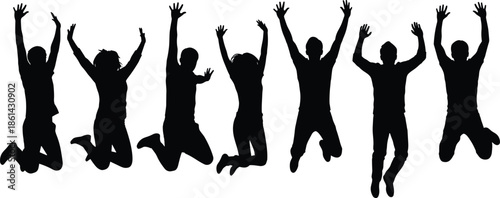 Silhouettes of people jumping with raised arms, black figures, joyful gesture, white background, celebration and energy illustration
