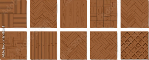 Wooden floor texture pattern set with parquet styles natural brown wood tiles vector illustration collection isolated on white background