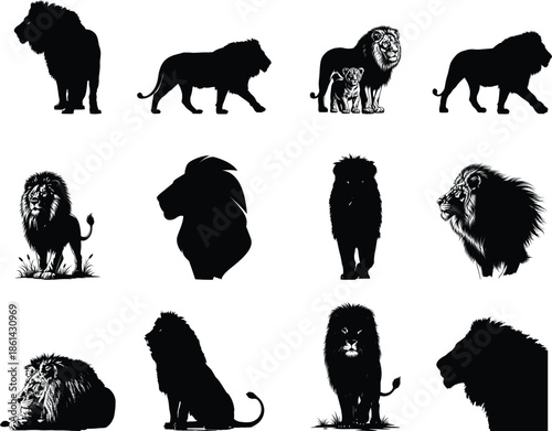 Silhouette images of wolves howling at the lion  and various abstract shapes in black and white
