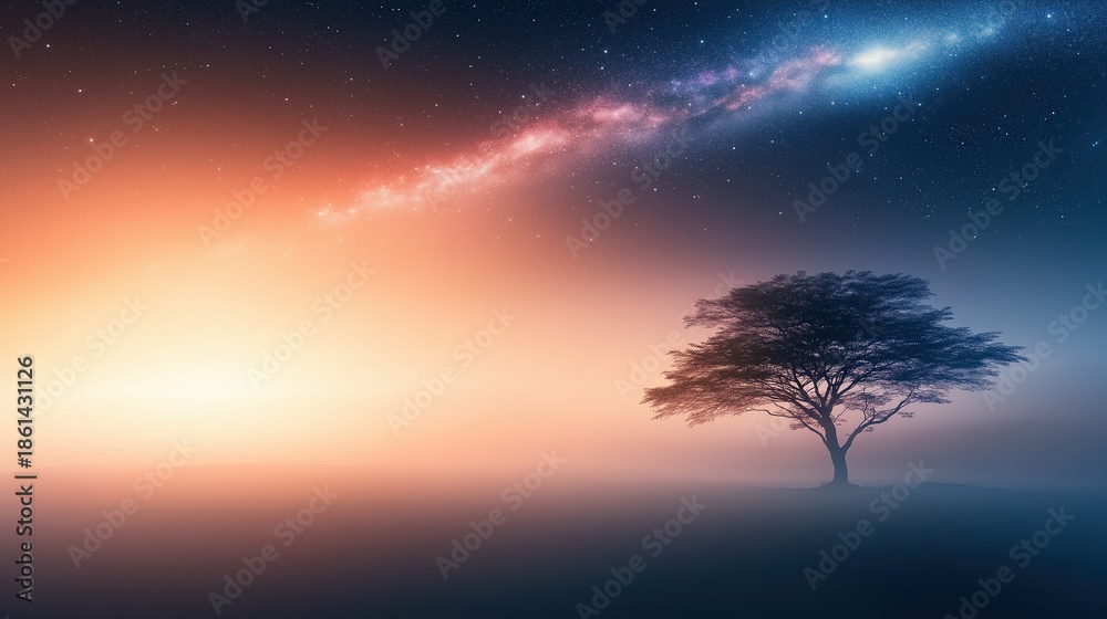 Fototapeta premium Lone Tree Silhouette Under a Cosmic Gradient Sky with Milky Way