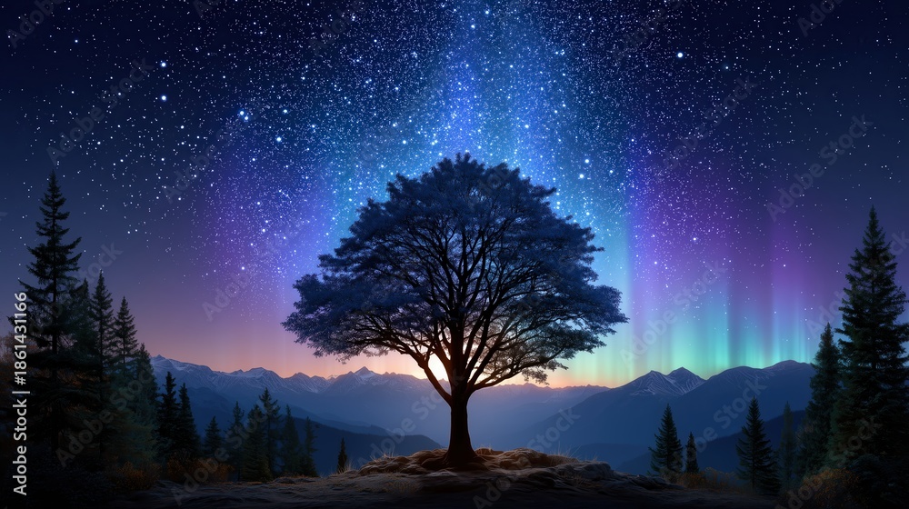 Fototapeta premium Magical Night Sky with Northern Lights and Lone Tree