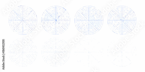 Arrangement of circular diagrams with radial lines and crosshairs on white background