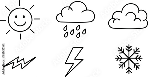 A collection of simple hand drawn weather icons in black and white