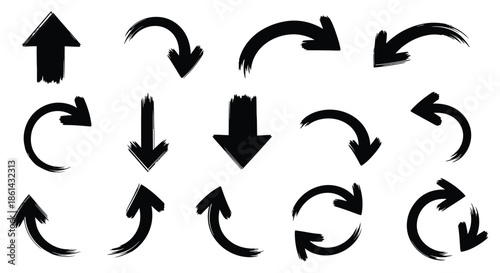 Collection of various black brushstroke arrows indicating different directions and movement on a white background
