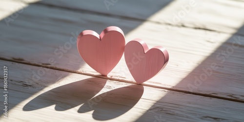 Two pink wooden hearts standing on light wood with sunlight