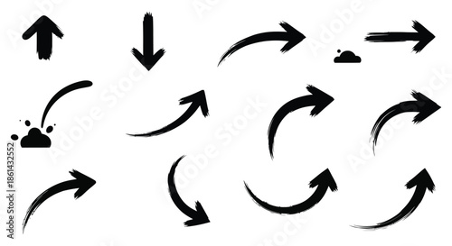 A collection of various black arrow shapes including curved and straight directional indicators
