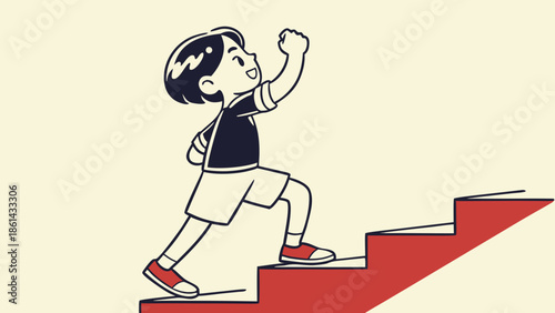 A determined cartoon child with a raised fist climbing red stairs, symbolizing progress and achievement.
