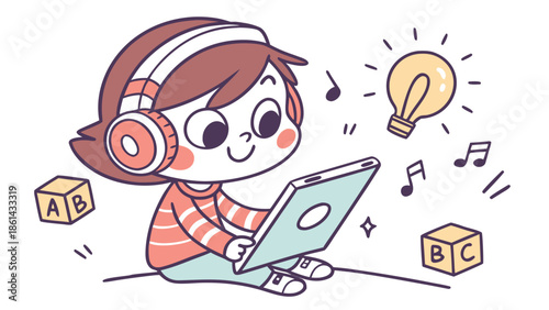 A happy cartoon child wearing headphones and using a tablet, surrounded by alphabet blocks, musical notes, and a glowing lightbulb, symbolizing learning and creativity.