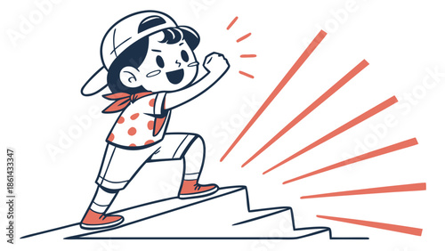 A determined cartoon child with a cap and bandana enthusiastically steps up stairs, radiating energy and progress.