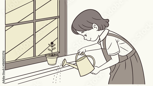 A young girl with short hair waters a small potted plant on a windowsill using a watering can, showing care for nature.