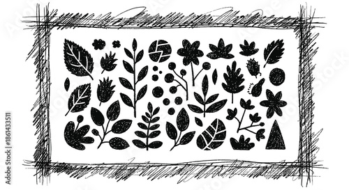 A delicate black and white sketch featuring a variety of stylized floral and foliage elements