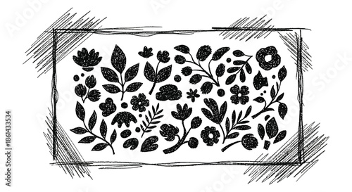 A charming black and white illustration depicts a variety of floral and botanical elements arranged within a rectangular frame
