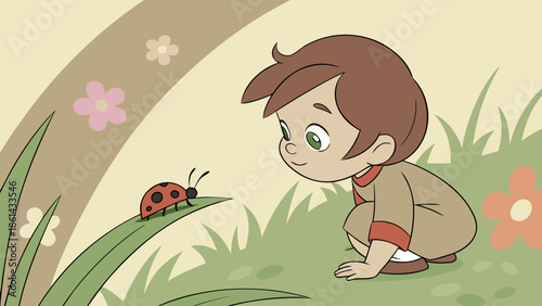 child kneeling in a sun-dappled garden, with an expression of pure wonder as they gently examine a small ladybug on a vibrant green leaf.