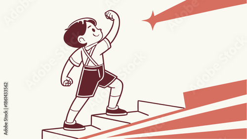 Chibi child as a minimalist vector icon, flexing a tiny arm with a determined yet cheerful expression, standing on a slightly elevated platform. The design uses bold, simple lines and a primary color 