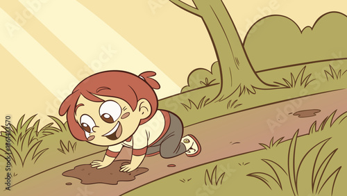 A happy cartoon baby with red hair crawls on a dirt path, looking at a mud puddle with a joyful expression in a sunny outdoor scene.