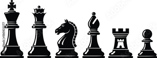Set of black chess piece silhouettes in a row: King, Queen, Knight, Bishop, Rook, and Pawn, symbolizing strategy, intelligence, competition, and classic games.