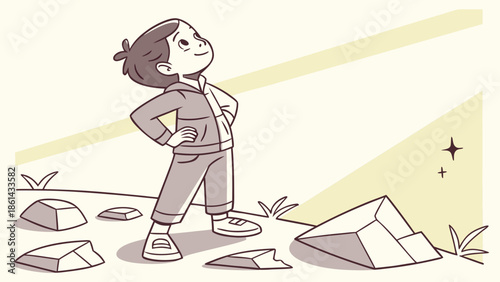 A cute minimalist vector drawing of a chibi child, hands on hips, standing confidently amidst a few stylized, broken geometric shapes, gazing forward with an unwavering, positive expression