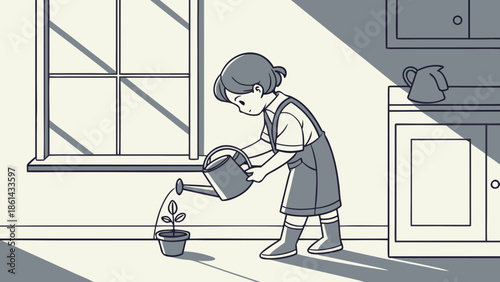 child, carefully attempting to water a small potted plant on a sunlit kitchen windowsill, a few drops of water spilled but showcasing great concentration and a budding sense of responsibility