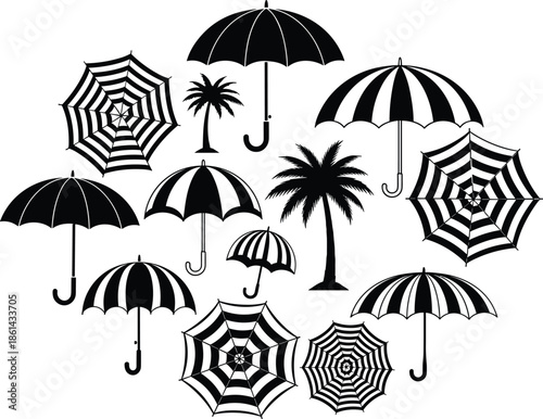 Tropical Umbrella and Palm Tree Silhouette Vector Set, Beach and Rain Protection Black Graphic Collection, Summer Vacation Design Elements