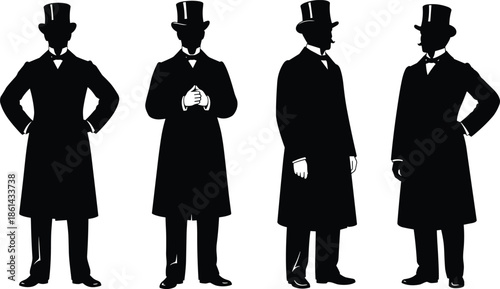 Vintage Gentleman Silhouette Vector Set, Four Black Figures in Victorian Era Style Top Hat, Tailcoat and Bow Tie.