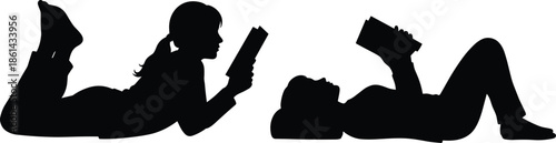 Silhouettes of people lying down and reading books, black figures, relaxed posture, white background, leisure and learning illustration