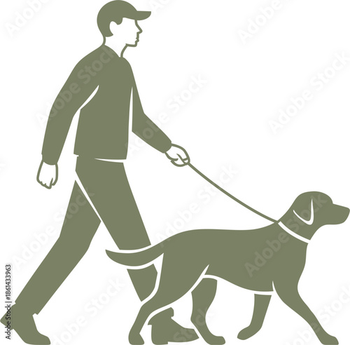 
illustration of a man walking with a green dog