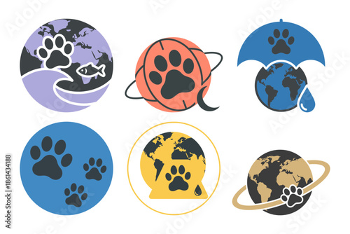 World Wildlife Day Globe Paw Icon  Planetary Conservation Silhouette with Ocean, Polar Protection, Ringed Planet & Global Care Concept