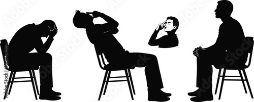 Silhouettes of seated figures in thoughtful, frustrated, and reflective poses, black figures, emotional posture, white background, introspection and expression illustration