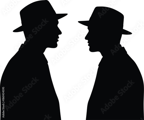 Silhouettes of two men facing each other in hats and jackets, black figures, symmetrical posture, white background, reflection and confrontation illustration