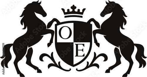 
illustration of two horses and a black shield