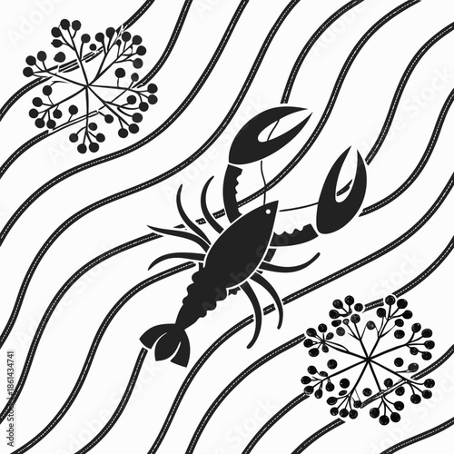 Black Silhouette of a Lobster and Dill Sprigs on a White Background with Wavy Lines crayfish crustacean