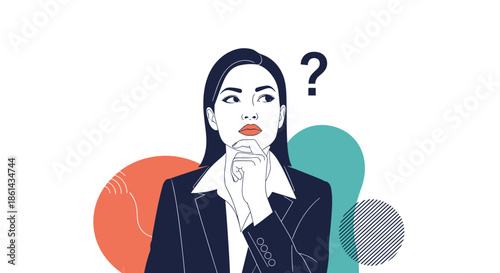 Two professional businesswomen in colorful suits showing welcoming hand gestures against abstract background illustration.