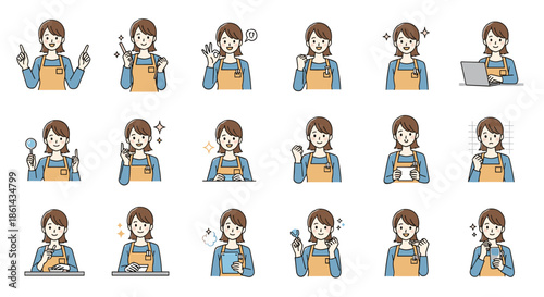 Collection of character illustrations showing a woman in an orange apron with diverse facial expressions and poses for daily life scenes.