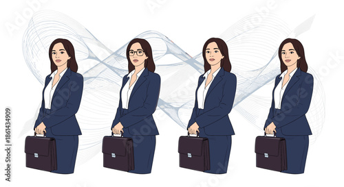Four identical illustrations of a professional businesswoman in blue suit holding briefcase against abstract wavy line background.