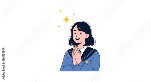 Happy schoolgirl in uniform with hands held together in prayer or hope with glowing stars against white background illustration.