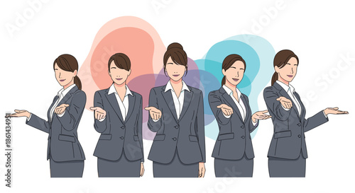 Group of five businesswomen in suits showing diverse poses and hand gestures against a colorful abstract background landscape.