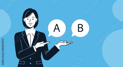Businesswoman in suit presenting choices with A and B speech bubbles against blue background for decision making and options.
